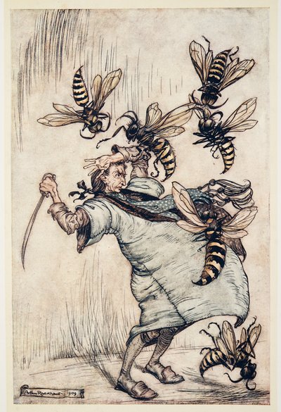 Gullivers strid med getingarna, från Gullivers resor av Jonathon Swift (1667 - 1745), pub. 1909 (lito i färg) av Arthur Rackham