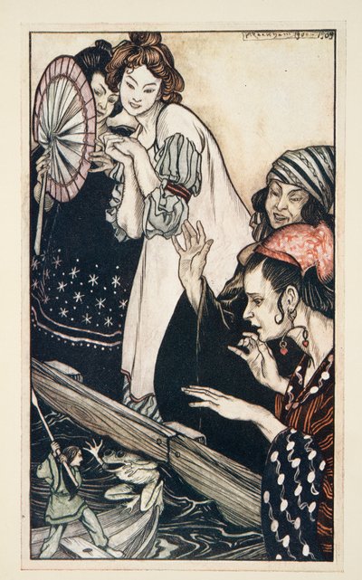Gullivers möte med grodan, från Gullivers resor av Jonathon Swift (1667 - 1745), pub. 1909 (lito i färg) av Arthur Rackham