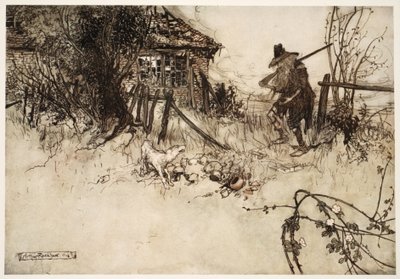 Han hittade huset förfallit? Min hund, suckade stackars Rip, har glömt mig., från Rip Van Winkle av Washington Irving, pub. 1910 av Arthur Rackham
