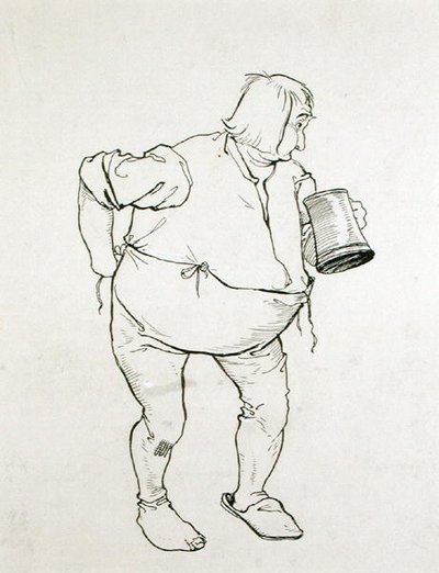 "Han mediterade ett mäktigt utkast: ena handen fumlade med sina taggar, medan den andra sträcktes ut i akten att fatta Jorum", illustration från The Ingoldsby Legends, eller Mirth and Marvels