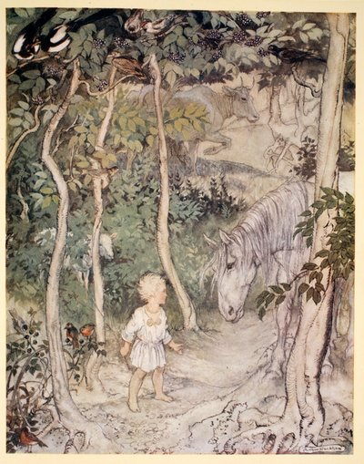 Han kanske tänker, som en stirrade på en stirrande häst, "en pojke kan inte vifta på svansen för att hålla flugorna borta", illustration från "Irish Fairy Tales" av James Stephens, 1920 av Arthur Rackham