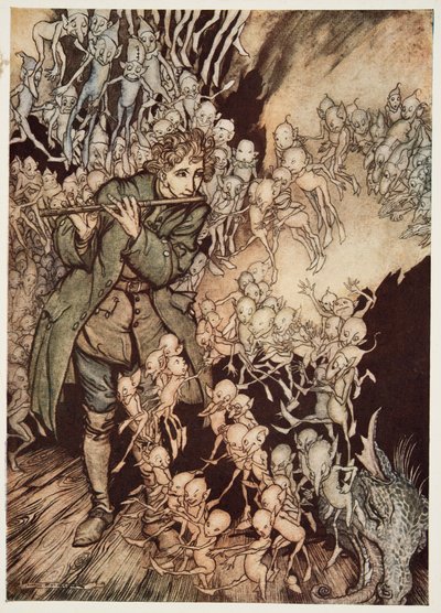 Han spelade tills rummet var helt fyllt med tomtar, från Little Brother & Little Sister and Other Tales av bröderna Grimm, pub. 1917 av Arthur Rackham
