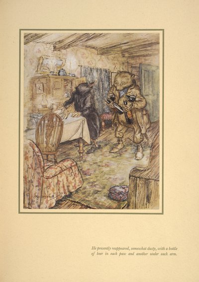 Han dök nu upp igen, något dammig, med en flaska öl i varje öl under varje arm. av Arthur Rackham