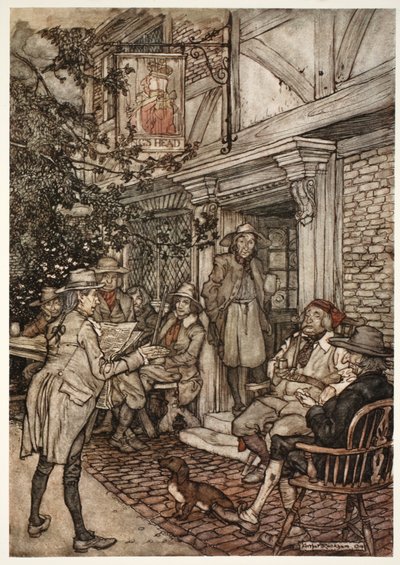 Han brukade trösta sig själv genom att besöka en slags evighetsklubb av vise, filosofer och andra sysslolösa personer, som höll sina sessioner inför ett litet värdshus., från Rip Van Winkle av Washington av Arthur Rackham
