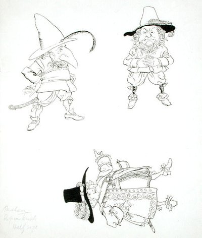 "Han var en kraftig gammal herre med en väderbiten min; han bar en snörrebroderi, ett brett bälte och en hängare, en högt krönt hatt och fjäder, röda strumpor och högklackade skor", illustration från "Rip van Winkle" av Washington Irving (1783-1859), versi av Arthur Rackham