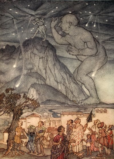 Hercules ryckte mycket på axlarna, illustration från "A Wonder Book for Girls and Boys" av Nathaniel Hawthorne, 1928 av Arthur Rackham