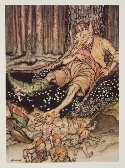 Hop-o-my-thumb gick mjukt upp till Ogre och drog av sig sina sjuliga stövlar, från The Arthur Rackham Fairy Book, pub. 1933 av Arthur Rackham