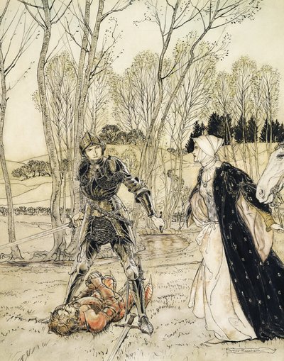 Hur Beaumains besegrade den röde riddaren, och alltid talade damosel många fula ord till honom (penna & bläck och wc) av Arthur Rackham