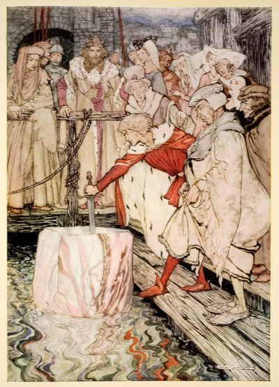 Hur Galahad drog fram svärdet ur den flytande stenen vid Camelot, illustration från "The romance of King Arthur and his knights of the Round Table" av Alfred W. Pollard, 1910 av Arthur Rackham