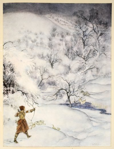 Hur Sir Launcelot sköts av en gentlewoman som jagade, illustration från "The romance of King Arthur and his knights of the Round Table" av Alfred W. Pollard, 1910 av Arthur Rackham