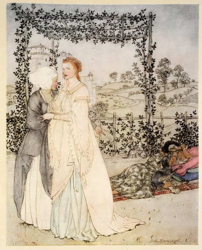 Hur Tristram var känd av den lilla konsolen i trädgården till kung Marks slott, illustration från 