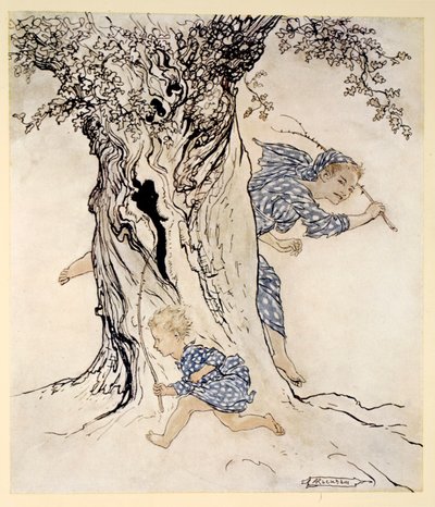 Hur han ansträngde sig och flämtade för att fånga den förföljande personen och förfölja henne och få sin egen övergång till handling, illustration från "Irish Fairy Tales" av James Stephens, 1920 av Arthur Rackham
