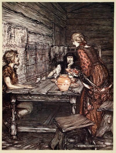 "Hunding upptäcker likheten mellan Siegmund och Sieglunde", 1910. av Arthur Rackham