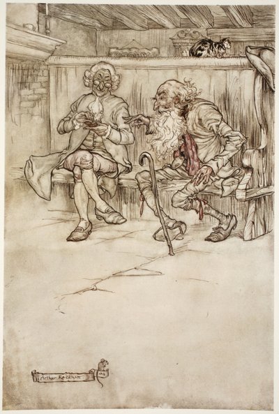 Jag har någonsin pratat med Rip Van Winkle själv, som, när jag senast såg honom, var en mycket sårbar gammal man., från Rip Van Winkle av Washington Irving, pub. 1910 av Arthur Rackham