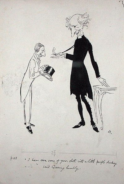Jag har sett en del av ditt tyg med en liten lila tönt... sa Gissing ödmjukt, illustration från "Where the Blue Begins", av Christopher Morley, publicerad 1925 (penna och bläck). av Arthur Rackham