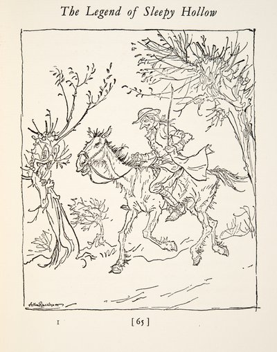 Ichabod Crane flyr från den huvudlösa ryttaren, från The Legend of Sleepy Hollow av Washington Irving (1783 - 1859), pub. 1928 av Arthur Rackham