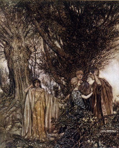Illustration av Arthur RACKHAM (1867-1939) för The Dream of a Summer Night av William SHAKESPEARE av Arthur Rackham