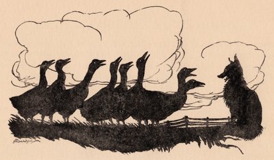 Illustration av Arthur Rackham från Grimms saga, räven och gäss. av Arthur Rackham