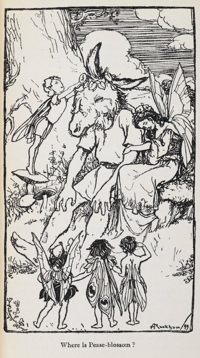 Illustration från En midsommarnattsdröm med älvor och en man med rumpahuvud. av Arthur Rackham
