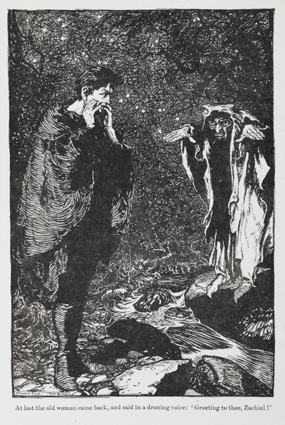 Illustration från Jorinda och Joringel av Zachiel och den gamla kvinnan. av Arthur Rackham