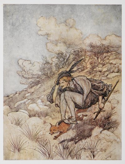Illustration från The Golden Bird. En prins som rider på en räv. av Arthur Rackham