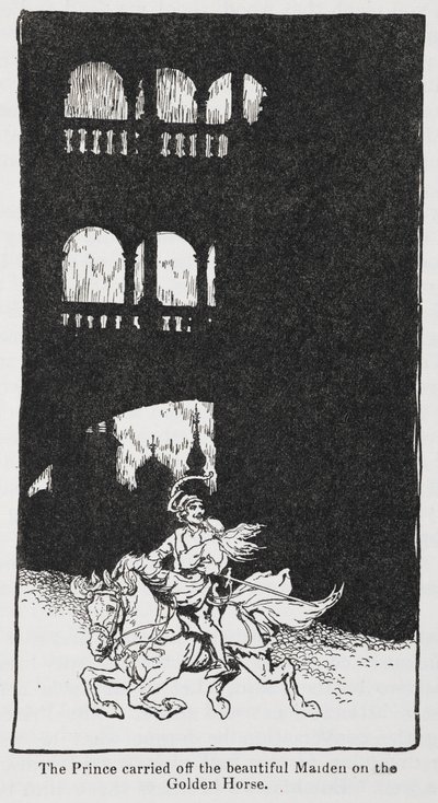 Illustration från Guldfågeln när prinsen bär bort jungfrun till häst. av Arthur Rackham