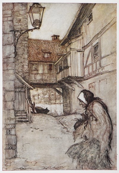 Illustration från Halmen, kolet och bönan. av Arthur Rackham