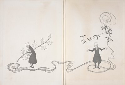 Illustration av Scrooge. På ena sidan avbildas han av en kvist järnek, som håller i en påse pengar och ser arg ut. På den andra är han avbildad med en kvist mistel som ser glad ut. av Arthur Rackham