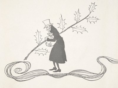 Illustration av Scrooge, avbildad av en kvist av järnek, som håller i en påse med pengar och ser arg ut. av Arthur Rackham