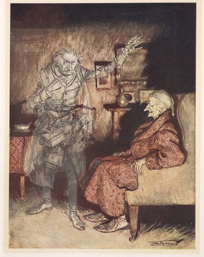 Illustration av Scrooge med Ghost of Christmas Past av Arthur Rackham