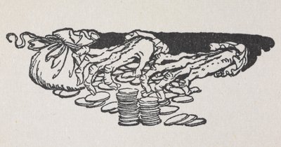 Illustration av Scrooges händer som räknar pengar av Arthur Rackham