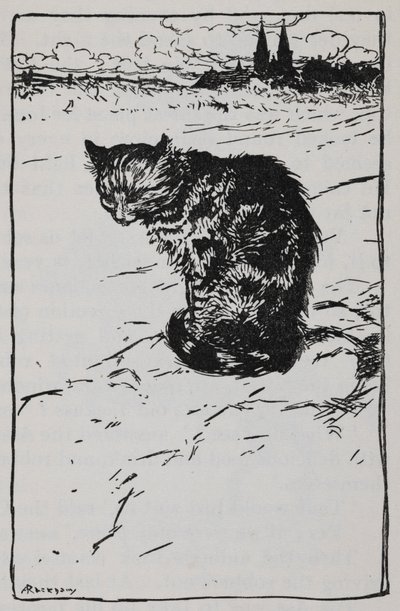 Illustration av en katt från Bremen Town Musicians. av Arthur Rackham