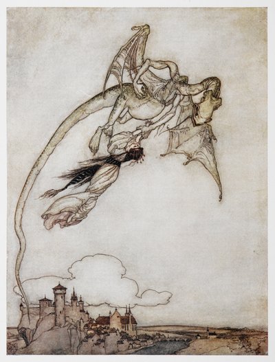 Illustration av en drake som bär bort prinsessan från The Four Clever Brothers. av Arthur Rackham