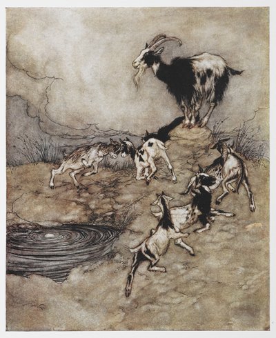 Illustration av en get och hennes unga barn som leker från Vargen och de sju ungarna. av Arthur Rackham