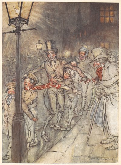 Illustration av en gatubild på julafton med Bob Cratchit och barn. av Arthur Rackham