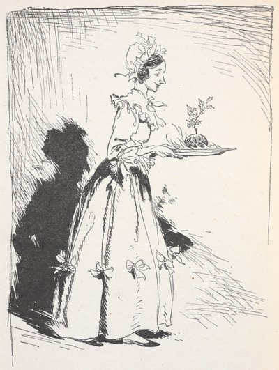 Illustration av en kvinna som bär en julpudding av Arthur Rackham