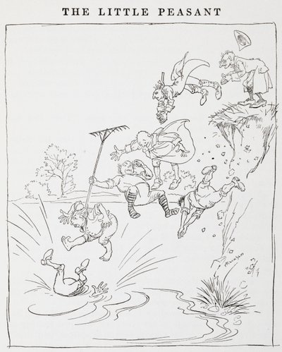 Illustration av män som hoppar från en klippa i en damm från The Little Peasants. av Arthur Rackham