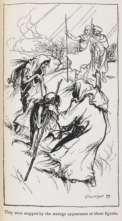 Illustration av de tre häxorna, Macbeth och Banquo. av Arthur Rackham