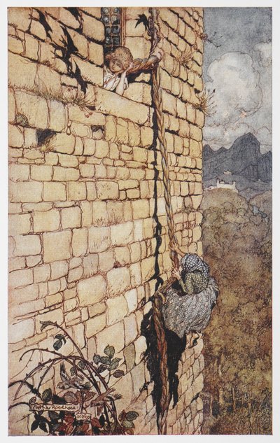 Illustration av häxan som klättrar uppför Rapunzels hår. av Arthur Rackham