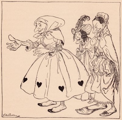 In kom de tre kvinnorna klädda på det mest äckliga sätt. Illustration av Arthur Rackham från Grimm