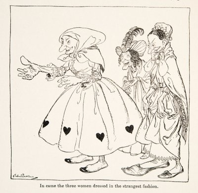 In kom de tre kvinnorna klädda på det konstigaste sätt, från Little Brother & Little Sister and Other Tales by the Brothers Grimm, pub.1917 (litho) av Arthur Rackham