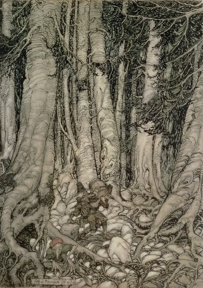 In the Forest with a Barrel från Rip Van Winkle skriven av Washington Irving (1783-1859), 1905 av Arthur Rackham