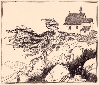 Det dröjde inte länge innan den sjuhövdade draken kom, högljutt vrålande. Illustration av Arthur Rackham från Grimms saga, de två bröderna. av Arthur Rackham