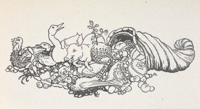 Föremål från en julfest som rinner ut från en hornform. Föremålen inkluderar en julpudding, korv, en kalkon, en gris, en anka, en fasan, en paj och frukt. av Arthur Rackham