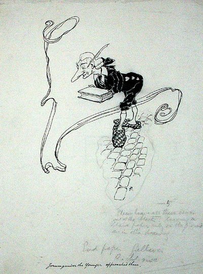 "Jorumgander den yngre lämnade sin butik och gick fram till dem med en låda med pennor som han erbjöd till försäljning", illustration från "The Zankiwank and the Bletherwitch", av S.J. Adair Fitzgerald, publicerad 1896 (penna och bläck på papper) av Arthur Rackham