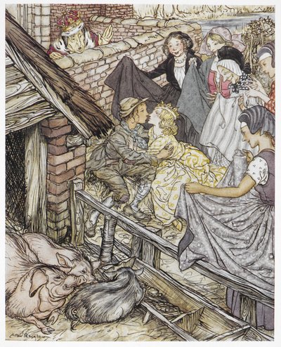 "Precis som svinherden tog den åttiosjätte kyssen", illustration till "Svinhjorden", av HC Andersen av Arthur Rackham