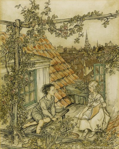 Kay och Gerda i sin trädgård högt uppe på taket. Illustration till berättelsen om Snödrottningen, 18 av Arthur Rackham