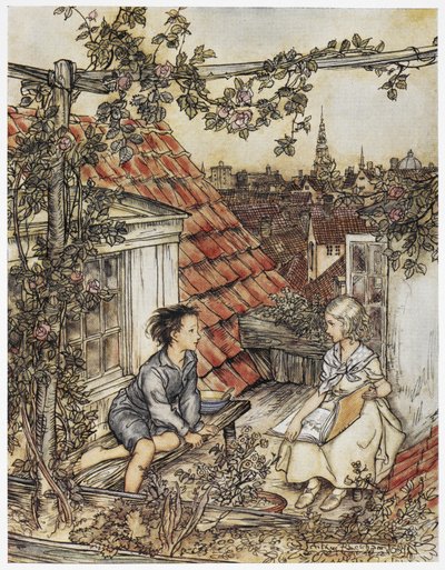 "Kay och Gerda i sin trädgård högt uppe på taket". Två barn sitter på taket av ett hus. Illustration för "den lilla flickan och den lilla pojken". av Arthur Rackham