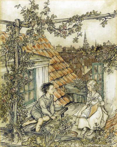 La Reine des neiges - Kay och Gerda i sin trädgård högt uppe på taket. Illustration till berättelsen om snödrottningen av Rackham, Arthur (1867-1939) av Arthur Rackham