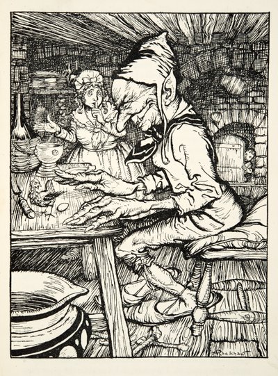 Låg!, vrålade jätten och sedan lade hönan genast ett ägg av massivt guld, från The Arthur Rackham Fairy Book, pub. 1933 av Arthur Rackham